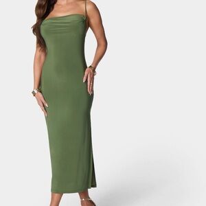 Bebe cowl neck spaghetti maxi strap dress in olive green size L